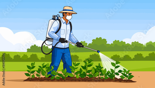 Agricultural worker spraying young plants with pesticide in a field, wearing a protective mask and hat for farm care.