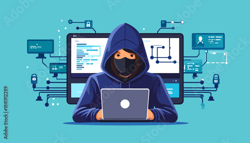 Hacker Using Laptop for Cyber Attack Illustration