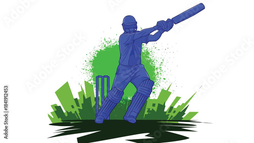 A silhouette of a cricket player hitting a ball, depicted with blue and green graphic elements and a cityscape.
