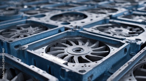 Closeup of an aircooled casting setup featuring strategically placed fans and vents optimizing airflow to accelerate cooling in industrial metal forming.
