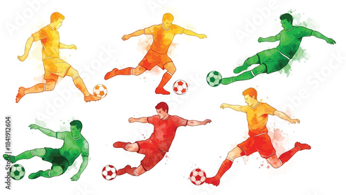Multiple soccer players in various poses, kicking a ball, depicted in a watercolor splash style with vibrant colors.