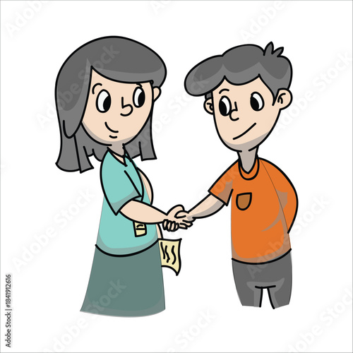 Reporter shaking hands with a man or interviewee. Concept of agreement or introduction