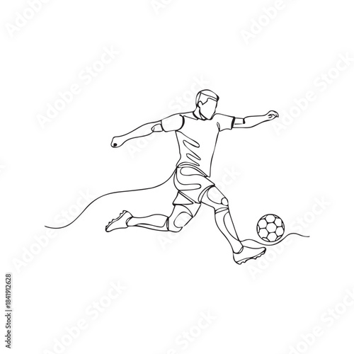 Continuous line drawing of soccer player kicking ball. Football player vector illustration. Single line art of athlete shooting a goal. Minimalist sport concept design on white background.