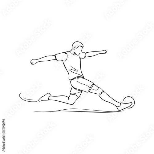 Continuous line drawing of soccer player kicking ball. Football player vector illustration. Single line art of athlete shooting a goal. Minimalist sport concept design on white background.