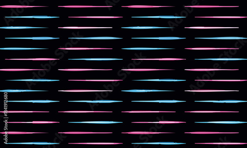 Seamless neon speed line pattern, Abstract black background with glowing blue and pink horizontal glitch stripes