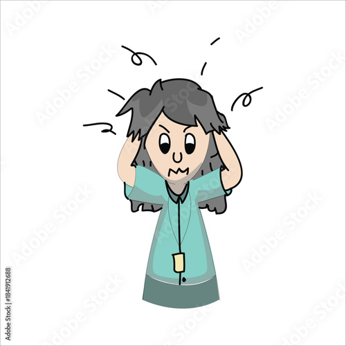 Stressed reporter pulling her hair in panic or frustration. Concept of deadline or crisis