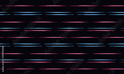 Seamless neon speed line pattern, Abstract black background with glowing blue and pink horizontal glitch stripes