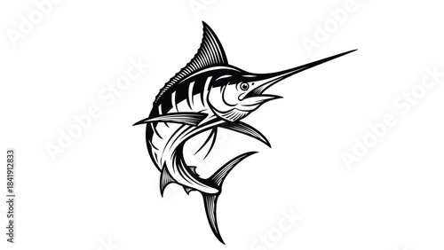 A dynamic illustration of a marlin fish leaping out of the water against a stark white background, showcasing its powerful fins and sharp bill.