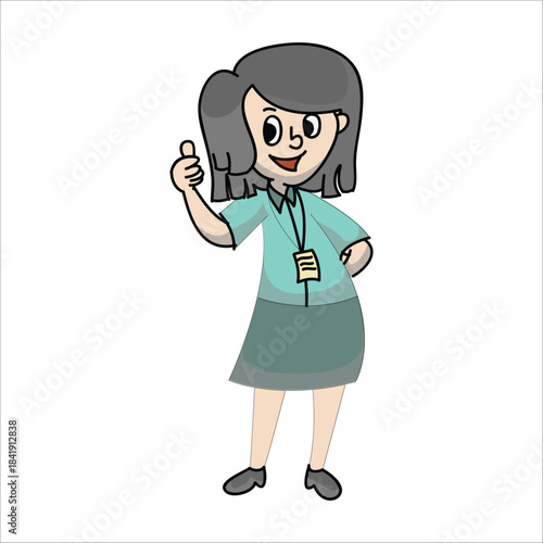 Happy female news reporter holding a microphone and giving a thumbs up. Concept of good news