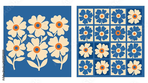 A pair of graphic illustrations depicting stylized floral patterns in blue and cream colors, showcasing both a free-form arrangement and a repeating grid.