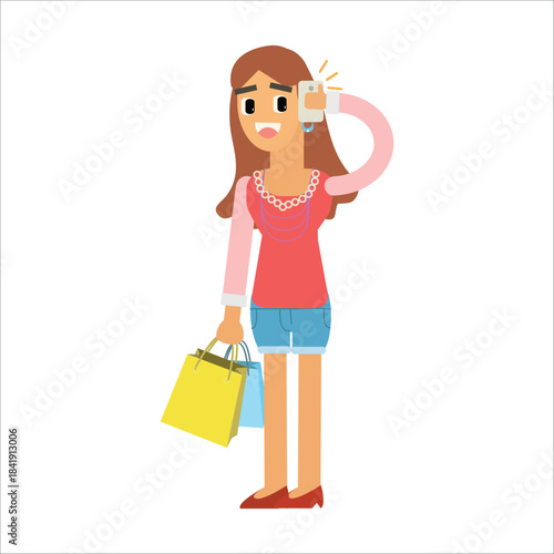 Woman talking on a mobile phone while holding a shopping bag, looking busy or confused
