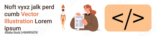 Technology, reading, innovation, programming, space exploration, education. Woman holding a newspaper next to a rocket and coding symbol. Technology and education theme