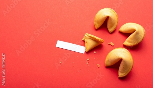 Fortune cookies scattered with red paper background, text area
