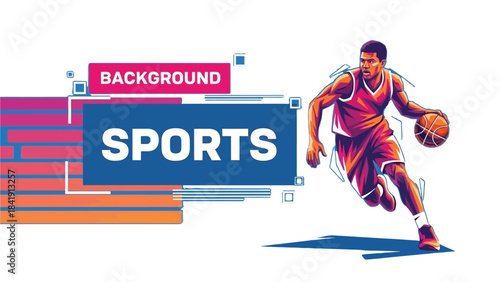 A dynamic illustration of a basketball player dribbling a ball, with stylized graphic elements and the word "SPORTS" prominently displayed, suitable for a sports-themed background or design.