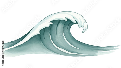 A stylized illustration of a breaking ocean wave with white foam crest against a white background.