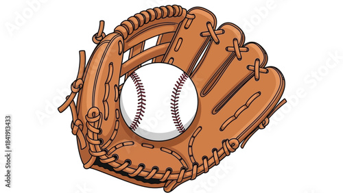 A baseball rests within a brown leather baseball glove, ready for play.