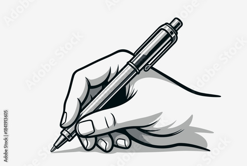 Black and white illustration of a human hand holding a pen, poised for writing or drawing.