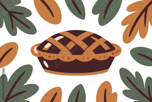 A charming illustration of a classic lattice-top pie surrounded by stylized autumn leaves in warm fall colors on a white background, evoking a cozy harvest season.