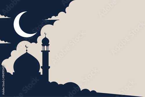 Silhouette of a mosque with a minaret and dome under a crescent moon and clouds against a split dark blue and light beige background.