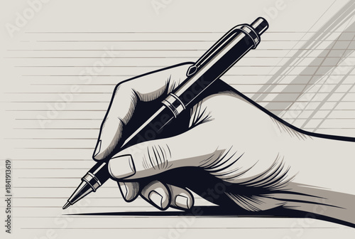 A stylized monochrome illustration of a human hand holding a pen, poised to write on a lined surface.
