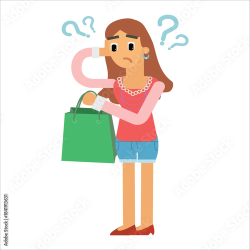 Confused shopper scratching her head with question marks while holding a shopping bag