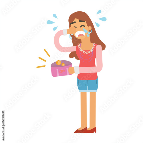 Sad woman crying while holding an empty pink wallet. Concept of being broke