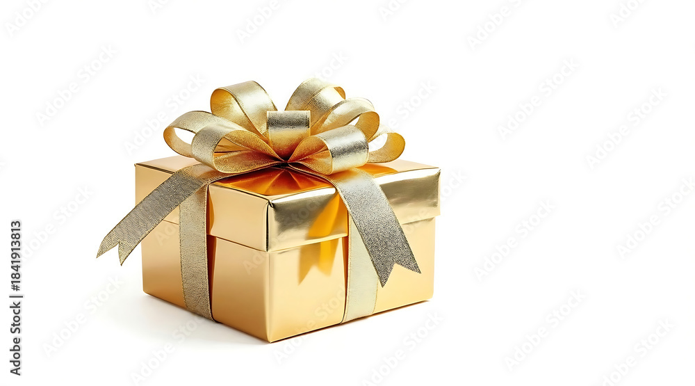 Fototapeta premium Gold gift box with metallic ribbon and bow on white background conveying celebration and luxury
