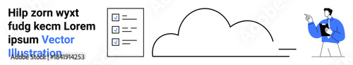 Data storage, cloud computing, project management, task execution, team collaboration, technology integration. Cloud with a checklist and a person pointing. Data storage and cloud computing concepts
