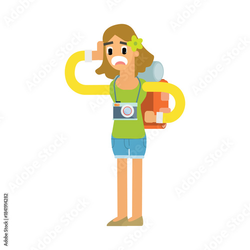 Shocked female tourist touching her head in panic, forgetting something or facing a problem