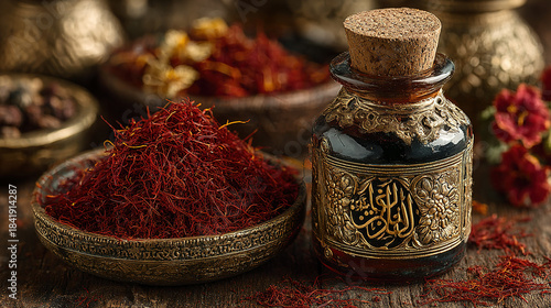 Fototapeta Naklejka Na Ścianę i Meble -  Traditional spice jar surrounded by aromatic herbs and spices in ornate bowls.