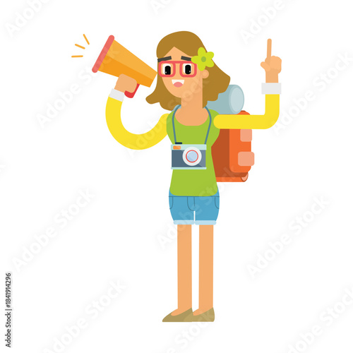 Female tourist shouting into a megaphone, making an announcement or calling for help