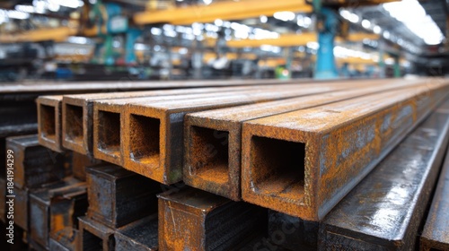 Steel profiles on an assembly line undergoing rustproof treatment showcasing advanced techniques to prevent oxidation and extend product lifespan.