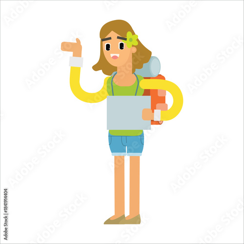 Female tourist holding a blank paper or map, pointing or presenting something