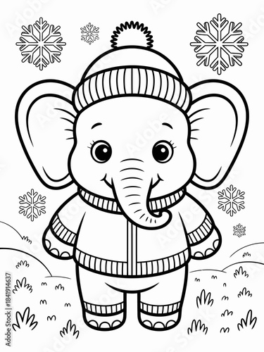 A charming elephant is dressed warmly in a sweater and hat, surrounded by snowflakes