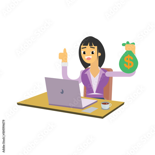 Businesswoman holding a green money bag and showing thumbs up, profitable business concept