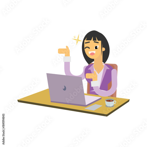 Cheerful businesswoman pointing finger up and winking at office desk, having an idea