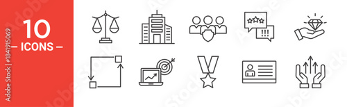 Business ethics icon set. Business ethics vector symbol in black filled and outlined style.