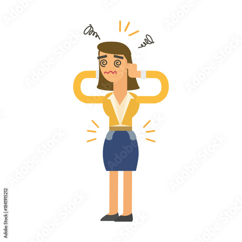 Sick woman standing and holding her head, feeling dizzy or suffering from a severe headache. Concept of vertigo