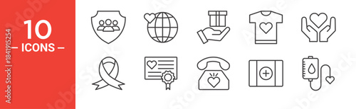 Charity icon set. Charity vector symbol in black filled and outlined style.