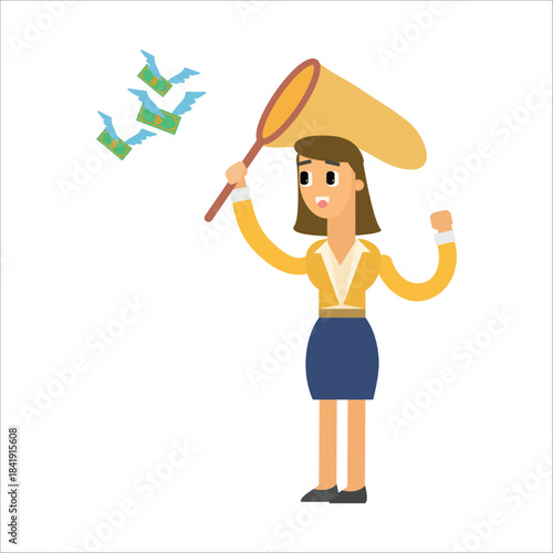 Businesswoman trying to catch flying money bills with a butterfly net