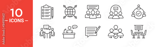 Meeting icon set. Meeting vector symbol in black filled and outlined style.