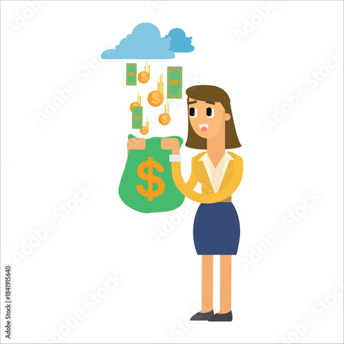 Businesswoman holding a bag catching money rain falling from a cloud
