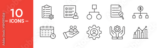 Project management icon set. Project management vector symbol in black filled and outlined style.