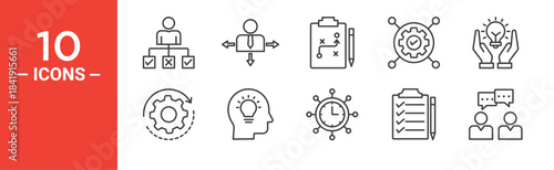Project management icon set. Project management vector symbol in black filled and outlined style.