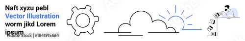 Business improvement, workflow management, innovation, creativity, sustainability, strategy. Gear, clouds sunrise businessman managing documents. Workflow management and business improvement
