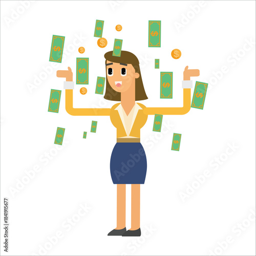 Businesswoman juggling multiple banknotes, managing cash flow or budget concept
