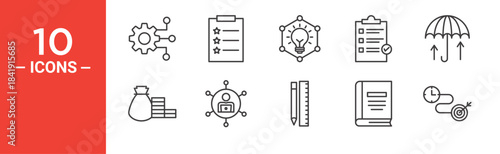 Project management icon set. Project management vector symbol in black filled and outlined style.