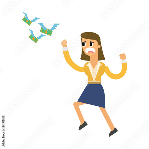 Businesswoman running after flying money with wings, financial loss or debt concept