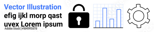 Lock icon for security, bar graph for data analysis, gear for settings. Ideal for cybersecurity, data processing, IT solutions, software development, analytics, business tools simple landing page