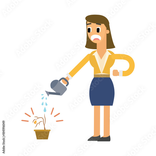 Businesswoman watering a dead plant, failed investment or futile effort concept, flat vector illustration